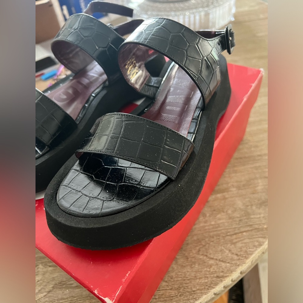 NWT STAUD Nicky Sandal Black Croc Embossed